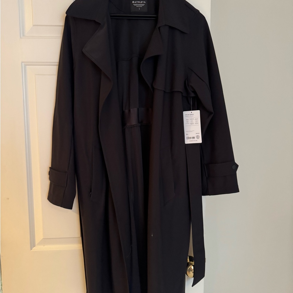 Black Trench Coat by Athleta. Easy care fabric.
